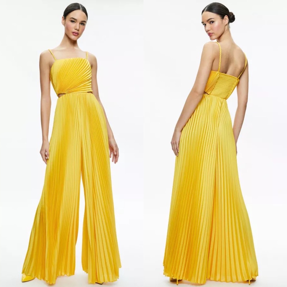 NEW NWT Alice + Olivia Powell Pleated Wide Leg Cutout Jumpsuit Golden Rod Yellow